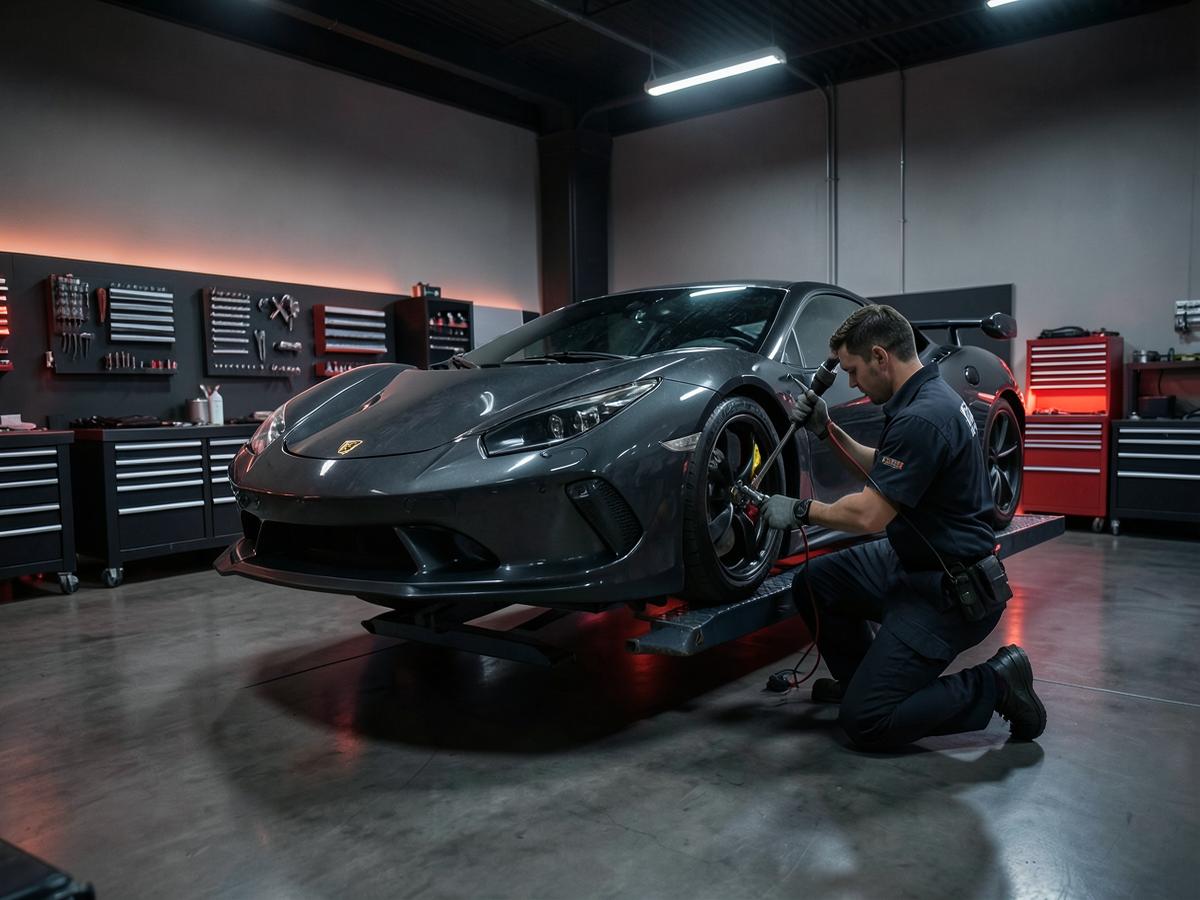 Mecânico da Raceform trabalhando em um carro esportivo dentro da oficina