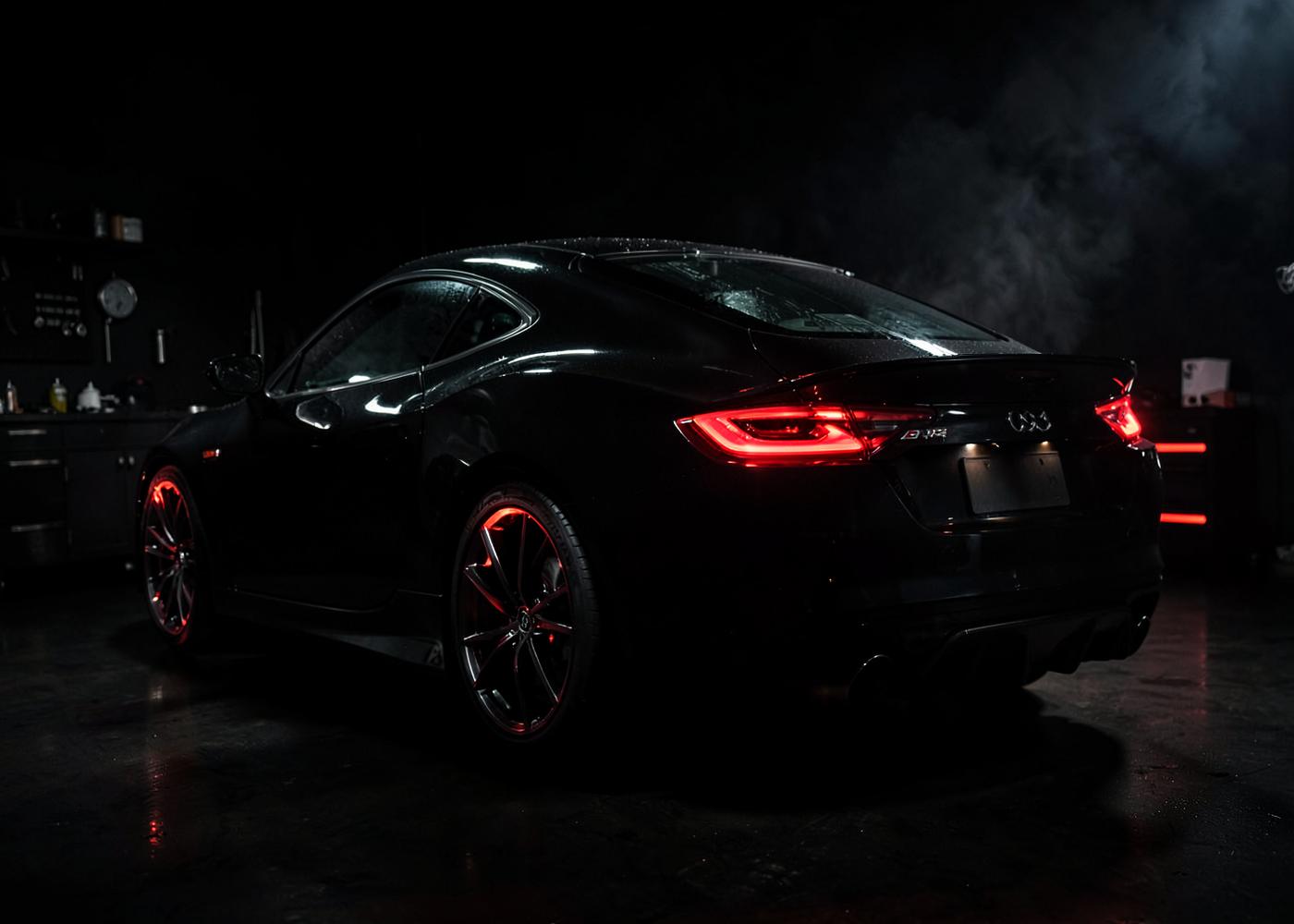 Carro esportivo preto em oficina de performance
